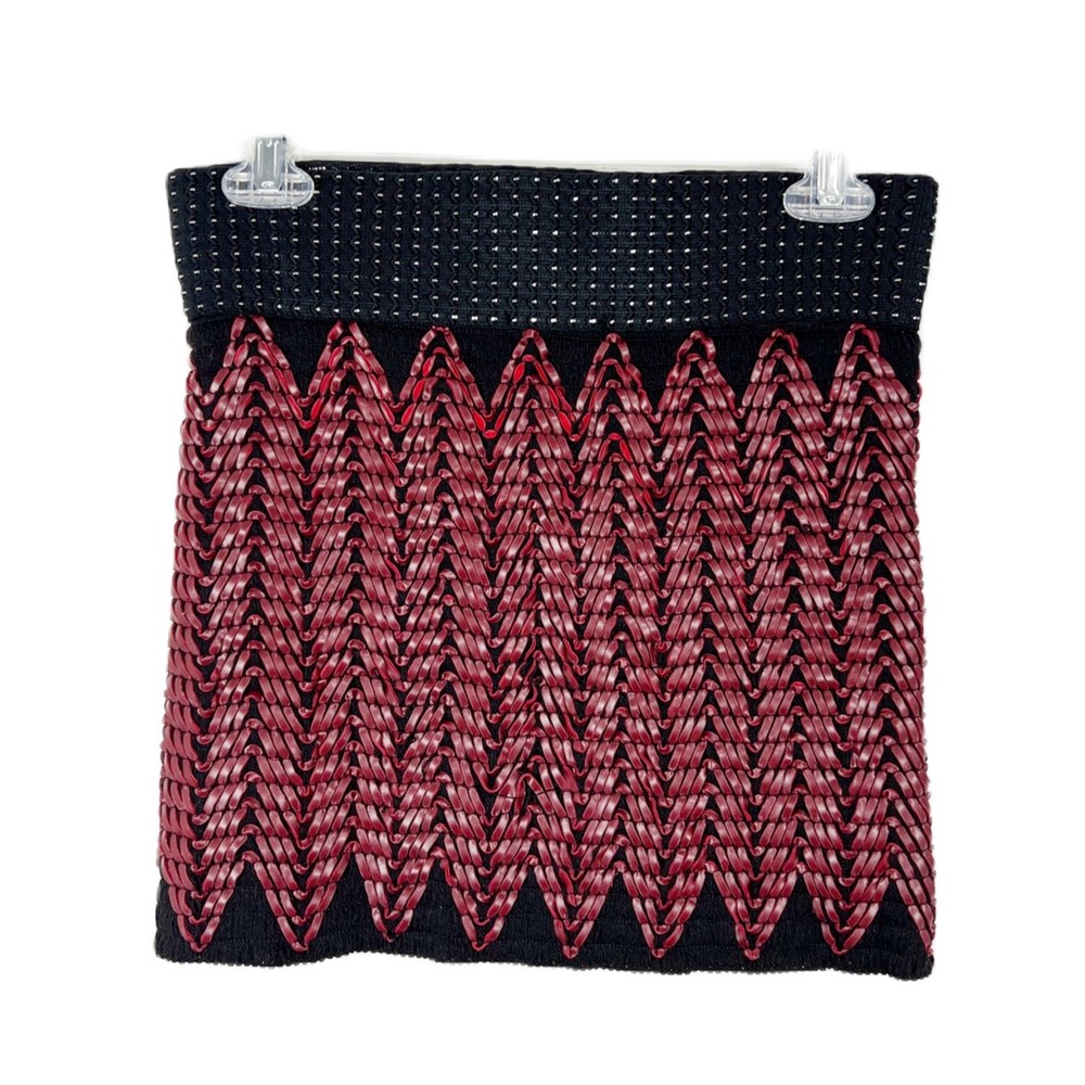 Vintage Renjo Skirt Women Medium Black Red Mixed Media Woven Mini Stretch